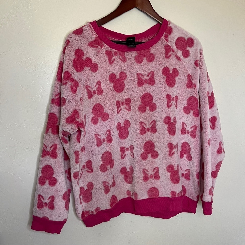 Disney Pink Mickey Mouse Print Crew Neck Fluffy Comfortable Lounge Sweater